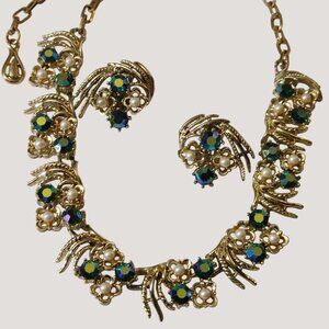 Coro Gold Tone AB Necklace Clip On Earrings Vintage Set Faux Pearls Blue Green